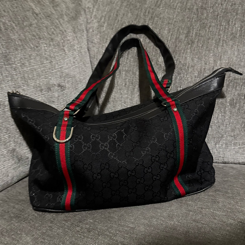 Gucci Black Monogram Tote with Red and Green Accents
